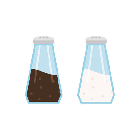 Glass salt and pepper shakers icon set flat design vector illustration. Glass jars, saltcellar with kitchen seasonings, flavoring for sprinkling spicy powder. Ingredients, condiments for food.のイラスト素材