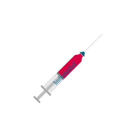 Medical syringe injection icon. Isolated vector drawing on a white background. Medical And Healthcare Icon In Flat Design Style. Science and Chemical Elementsのイラスト素材