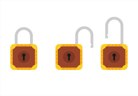 Padlock icon sign symbol flat, locked and unlocked, flat design vector illustration. Opened and closed locks isolated on white backgroundのイラスト素材