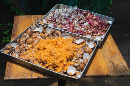 household organic waste being sun dried, which later will be converted into organic fertilizer,...