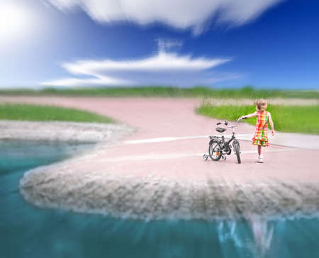 landscape with little girl; the tilt-shiftの写真素材