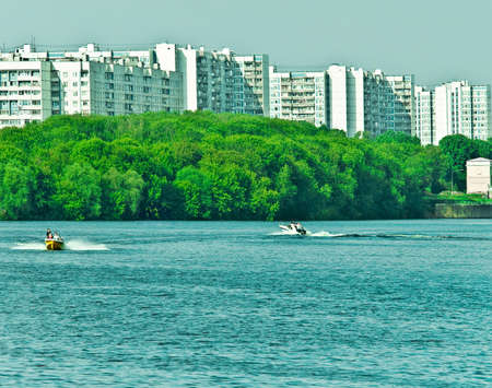 cityscape with motorboats の写真素材