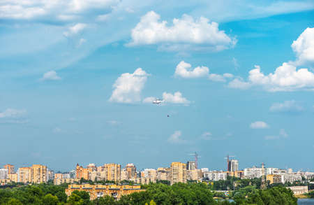 cityscape with fire-helicopterの写真素材