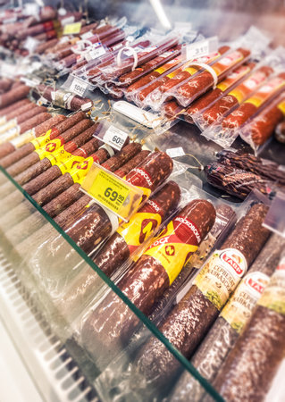 Russia, 2017: sausages laying in the supermarketのeditorial素材