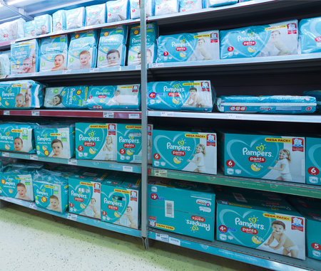 Pampers production on supermarket shelves