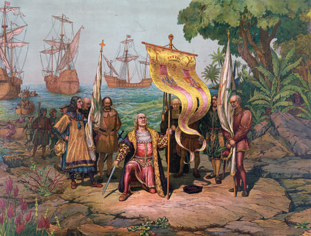 the landing of Columbus. Illustration of 1893 by L. Prang & Co.in Boston, company who was an printer, lithographer, publisher. Image from the American Library of Congressのeditorial素材