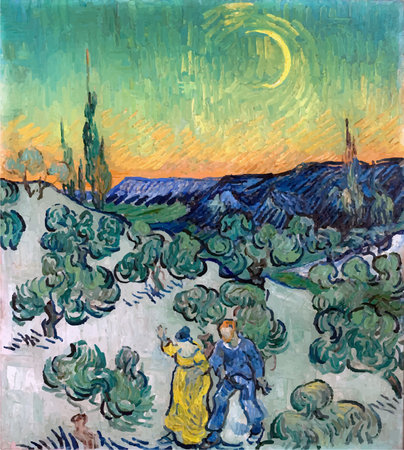 My digital altered The Couple Walking Among Olive Trees at Night by Vincent Van Gogh 1890. the Museum Of Art in San Paulo, Brazilのeditorial素材