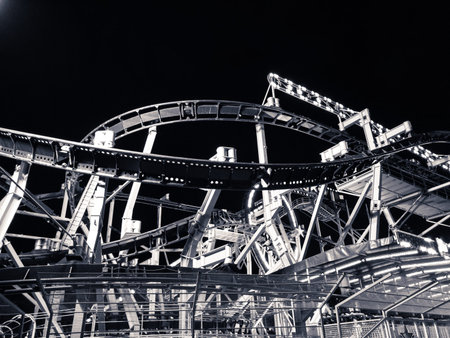 Roller Coaster track at nightの写真素材