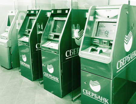 Russia, 2020: ATMs of the federal bank Sberbank placed indoorのeditorial素材