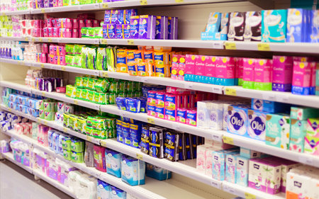 Moscow, Russia - March 18, 2020: womens hygienic goods in supermarketのeditorial素材