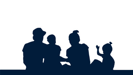 family outdoors recreation, black white silhouetteのイラスト素材