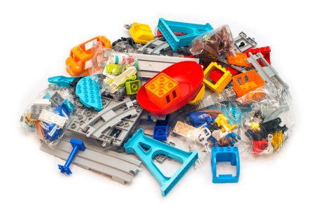 2021: pile of Lego constructor blocks on whiteのeditorial素材