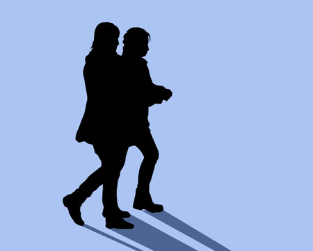 2 two women girls goes at cold night street, silhouetteのイラスト素材