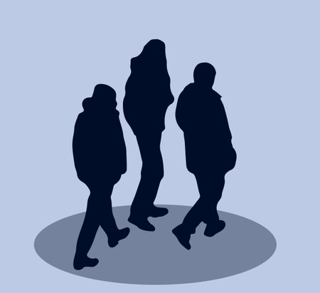 men group on a winter night street, silhouettes