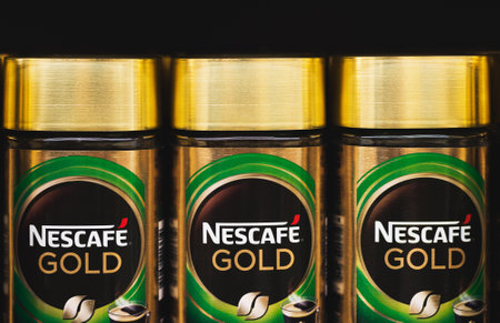 2022: glass packings of the Nescafe Gold instant coffee by Nestle corp.のeditorial素材