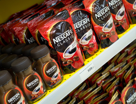 Russia 2022: Nescafe Classic instant coffee by Nestle corp. Various packings on discounter rackのeditorial素材
