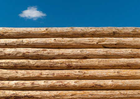 log fence with blue skyの写真素材