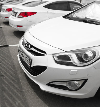 Sochi, Russia - August 21, 2020: Hyundai Solaris white sedan cars parked at the rent a car serviceのeditorial素材