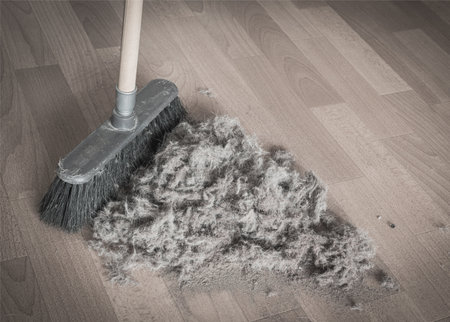 broom sweeping up a giant mixed pile of dust, sand and woolの写真素材