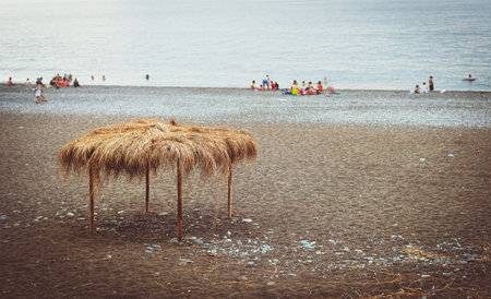 resort sea beach with straw canopyの写真素材