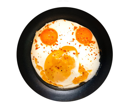 Fried egg creative smiling on frying panの写真素材