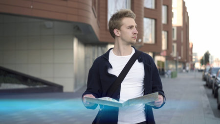 Young guy with map in hand, tourist in city finding the way. Middle shot of guy with map lens flare,...
