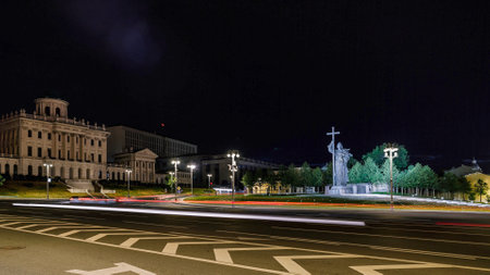 Moscow city road at night with view on Kremlin, night road in the centre of capital. City traffic near Moscow statue of Prince Vladimir and Kremlinの写真素材