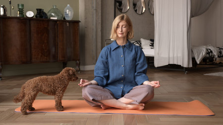 Woman doing breathing exercises, yoga practicing. Blonde attractive physical trainer at home interior with bed on background, pet lying on a mat.の写真素材