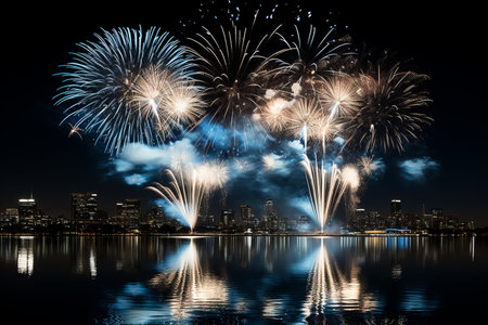 A mesmerizing cityscape bursting with dazzling fireworks reflecting in the urban skyline, bringing a vibrant and festive atmosphere as part of a magnificent New Years Eve celebration.の素材