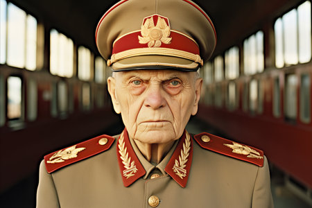 Confident senior retired military general in traditional uniform gazes directly into the camera.の素材