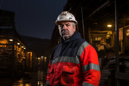 Middle-aged European Male Construction Worker in Work Clothes and Hard Hat at Dusk.の素材