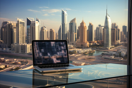 Laptop on a table with High-Rise Buildings on the background. Workspace concept.の素材