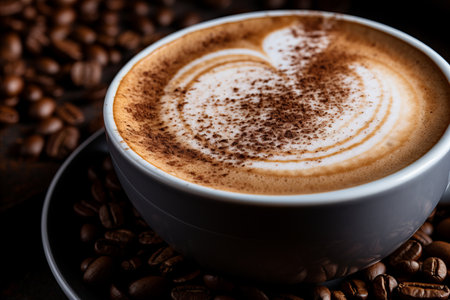 Close-up of Roasted Coffee Beans. White Cappuccino Cup with Rich Froth. Coffee Concept.の素材