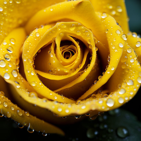 Close-up shot of raindrops glistening on a vibrant yellow rose against a backdrop of lush green foliage, creating a fresh and clean atmosphere in the garden. 1:1の素材