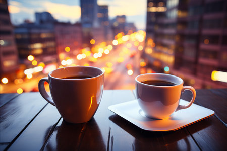 Coffee Mugs on a Table by a Window with Cityscape View. Evening Sunset Casting Warm Glow. Blurred backgroundの素材