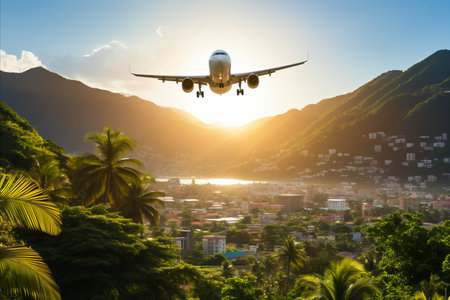 Breathtaking Sunset Flight between Majestic Mountain Ranges and Enchanting Palm-fringed Village. Travel Concept.の素材
