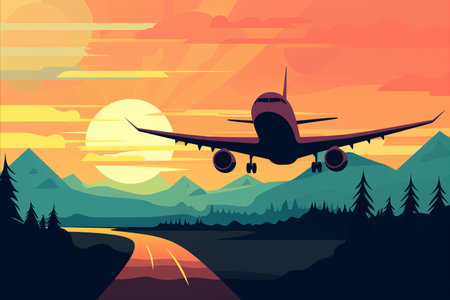 Tourism concept. Hand-drawn. Serene Landscape. Majestic Mountains, Sunset over Winding Road, Tranquil Forest Painting. Passenger plane.の素材