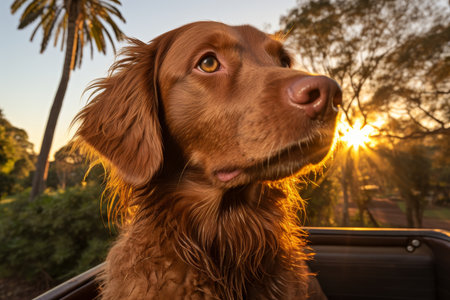 Close-up of a majestic brown dog with long, soft fur and a serious expression, looking away at a beautiful golden sunset. Isolated on a warm orange background.の素材