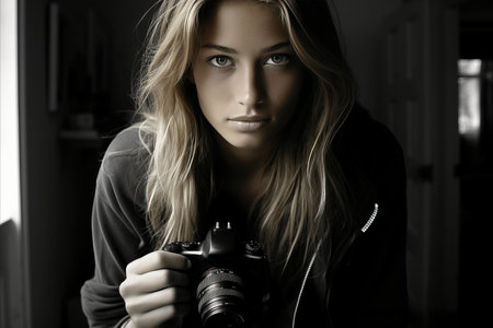 Young girl with long hair holding mirrorless camera and looking straight ahead.の素材