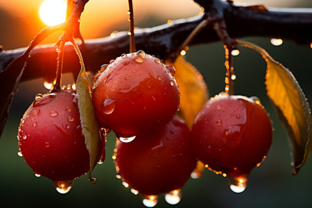 Close-up of ripe red cherries with water drops in sunset light. Isolated on blurred background. Nature, freshness, summer theme. Ideal for various projects.の素材