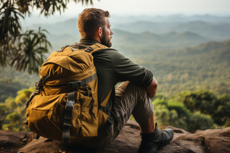 A male backpacker on a rugged mountain peak, wearing a green shirt and brown pants, admiring the panoramic view. Sun shining, peaceful atmosphere.の素材