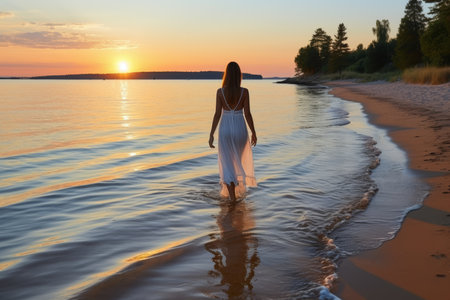 A graceful woman in a white dress walks on the beach at sunset. The sun is setting over the water, casting a golden glow over the scene. The womans long hair flows in the wind.の素材
