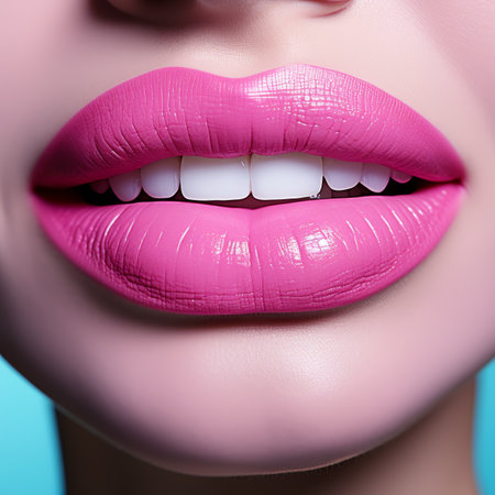 The image shows a close-up of a womans lips with bright pink lipstick and white teeth smiling. The woman has fair skin and dark hair. The background is a light blue color.の素材