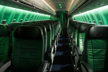 Comfortable and modern economy class airplane seats with green lights on the ceiling in an empty passenger aircraft ready for boarding the next passengers to fly worldwide.の素材