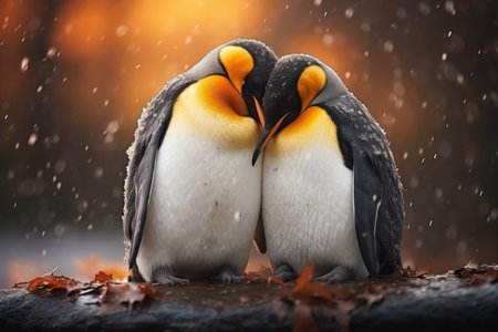 In the Antarctic wilderness, two majestic emperor penguins stand united in a tender embrace amidst the serene snowfall, symbolizing the enduring strength of love.の素材