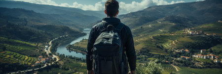 A lone backpacker stands on a picturesque hill, taking in the breathtaking view of a river valley dotted with terraced vineyards. Ideal for travel enthusiasts and outdoor brands.の素材