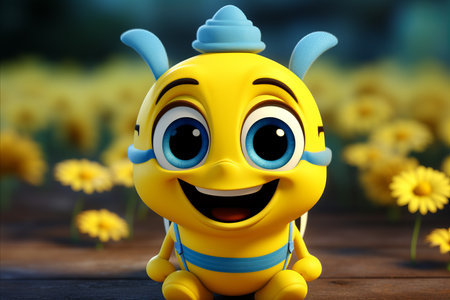 Cheerful Cartoon Character Resting on a Flower, Close Up View in a Cartoon Style Illustration.の素材
