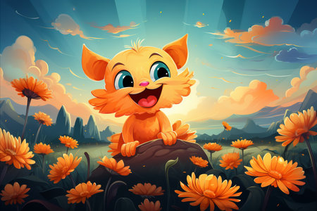 Happy Cartoon Kitty Holding Colorful Flower in Close Up View - Cute Cartoon Style Illustration.の素材