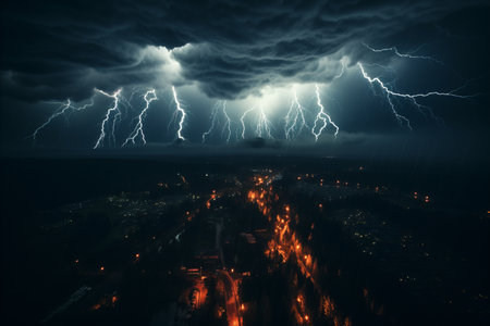 Captivating Scene. Lightning Strikes Amidst Ominous Thunderclouds over Majestic Urban Cityscape.の素材