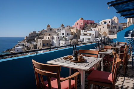 Cafe terrace. Charming old town with mediterranean sea view for a relaxing holiday.の素材